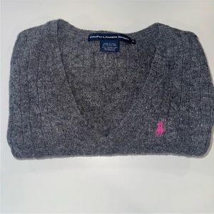 100% Lambs Wool Ralph Lauren Sport Cable Knit V Neck Sweater M